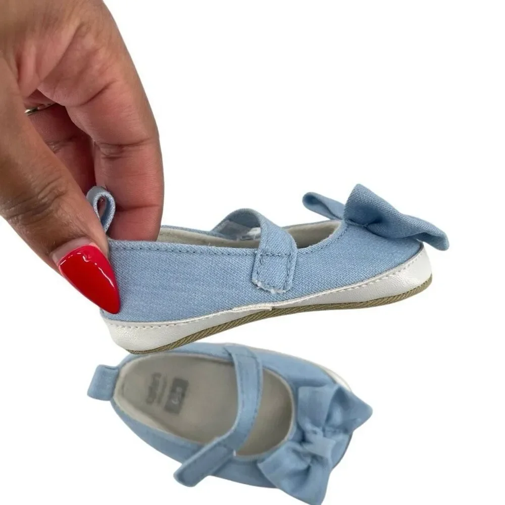 Carter’s Baby Girl Blue Bow Mary Jane Crib Shoes Soft Sole Newborn 0-3M
